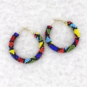 Rainbow Mosaic Seed Bead Hoop Earrings